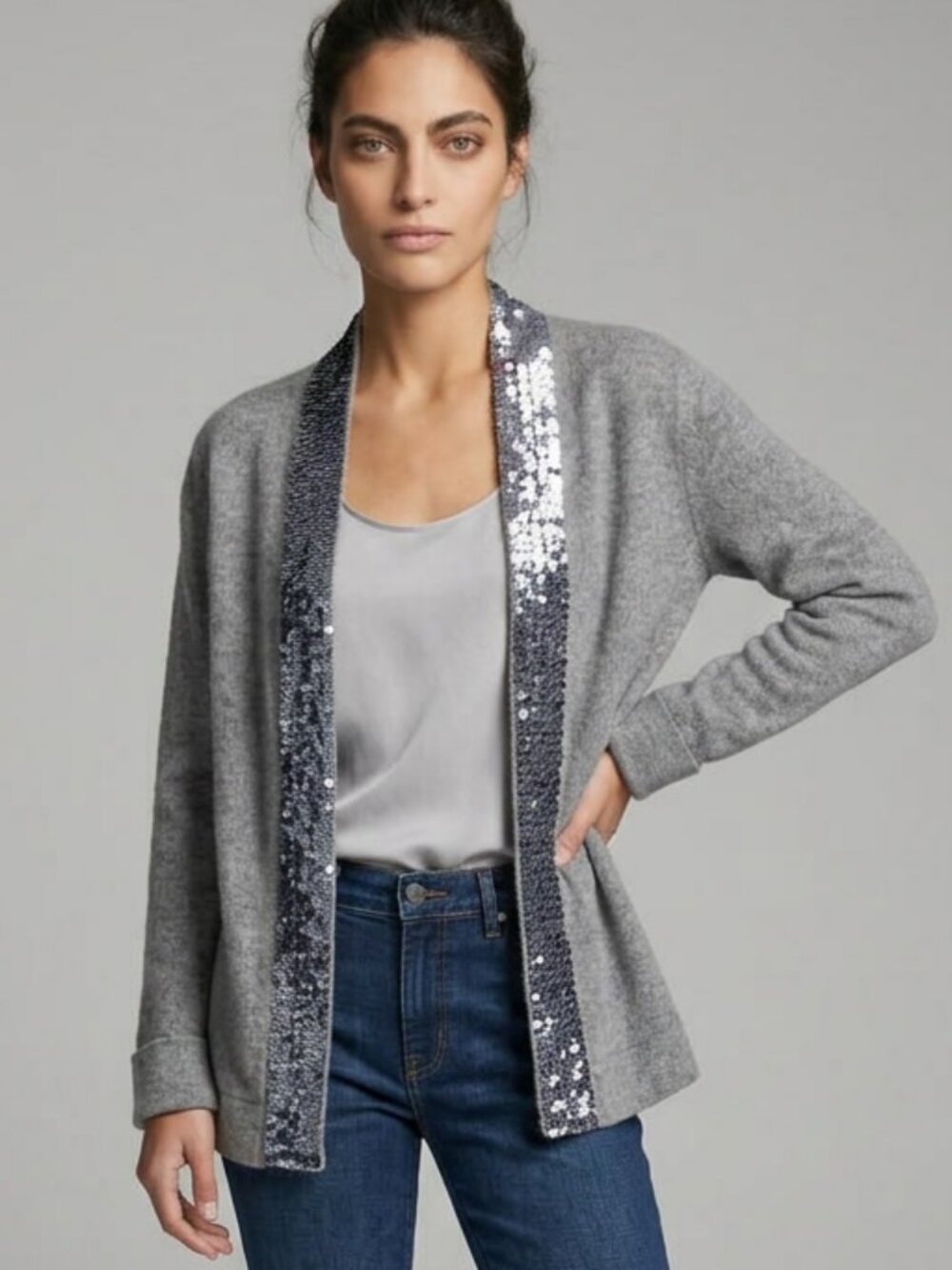 Pink Tartan Wool and Cashmere Blend Grey Cardigan Sequin Trim Sweater Size M